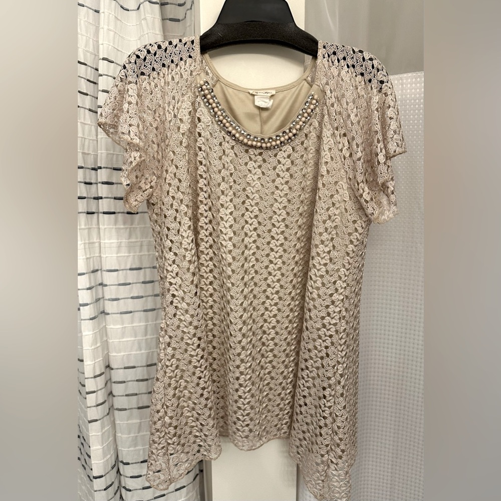 BRITTANY BLACK Lace Tunic top with beaded neckline Size L